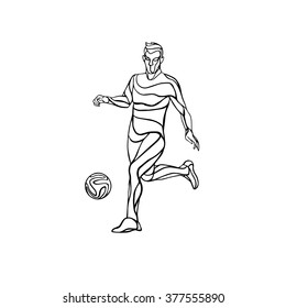 Soccer or football player kicks the ball. Abstract line art vector silhouette. Illustration on white background.