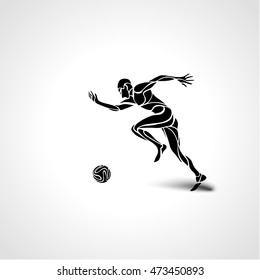 Soccer or football player kicks the ball, sportsman silhouette