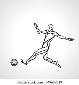 Soccer or football player kicks the ball, sportsman silhouette