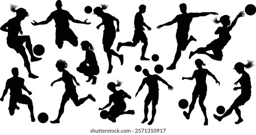 Soccer football player male and female silhouette men and women set