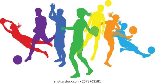 Soccer football player male and female colorful silhouette outlines men and women group
