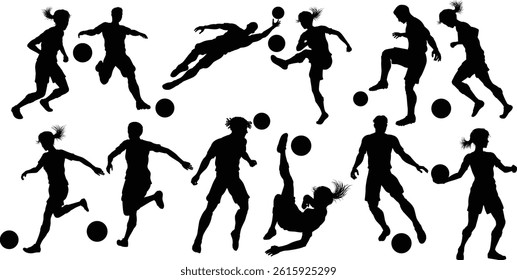 Soccer football player male and female silhouette men and women set