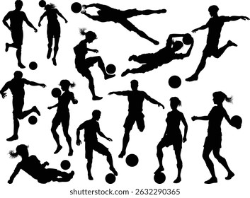 Soccer football player male and female silhouette men and women set