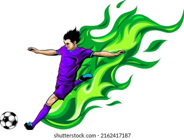 Fußball- oder Fußball-Spieler auf Flammen Kick-Illustration