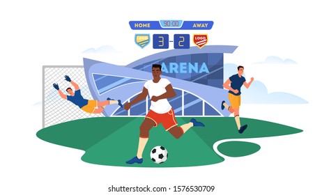 Soccer or football player running with ball on the field. Goalkeeper in front of the gate. Judge observe a game. Athlete on the stadium. Championship league. Vector cartoon illustration