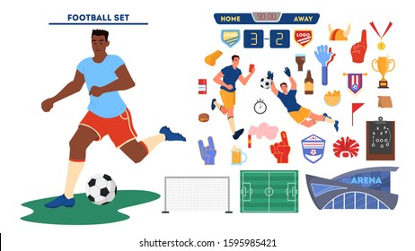 Soccer or football player running with ball. Goalkeeper in front of the gate. Judge observe a game. Football equipment set. Stadium, field, scoreboard, fan stuff. Isolated vector illustration