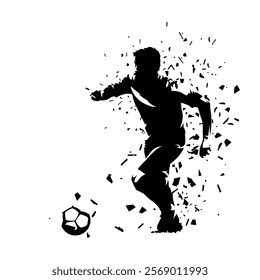 Soccer, football player running with ball, team sport athlete, isolated vector silhouette with distortion effect