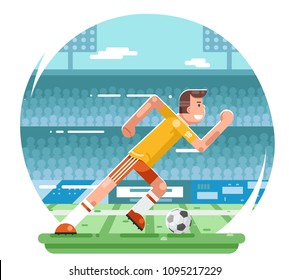 Soccer football player running character stadium background flat design vector illustration