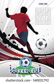 Soccer or football player running on the field. Concept flyer and abstract poster. Vector background for design. Original illustration sports series with place for your text, eps8.