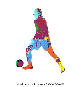 Soccer (football) player silhouette. Color grunge design with blob, blots and splash ink. Vector illustration.