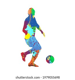 Soccer (football) player silhouette. Color grunge design with blob, blots and splash ink. Vector illustration.