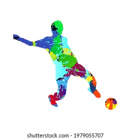 Soccer (football) player silhouette. Color grunge design with blob, blots and splash ink. Vector illustration.