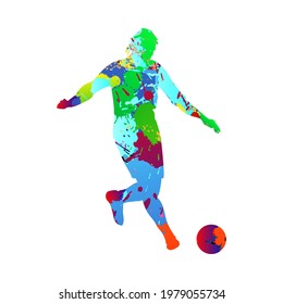Soccer (football) player silhouette. Color grunge design with blob, blots and splash ink. Vector illustration.