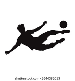 Ícone da Silhueta do Jogador de Futebol Americano.
Jogador de futebol chuta a bola, tiro na cabeça, chute no dublê, celebração de ilustração vetorial.