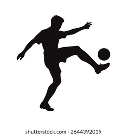 Ícone da Silhueta do Jogador de Futebol Americano.
Jogador de futebol chuta a bola, tiro na cabeça, chute no dublê, celebração de ilustração vetorial.