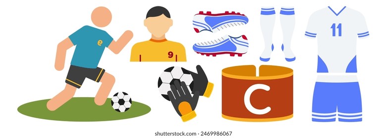 Soccer or football player sport championship fan set. Team t-shirt, scarf, whistle, ball, goal, tournament cup, foam hand, trumpet, hat. Competition match attributes flat vector illustration