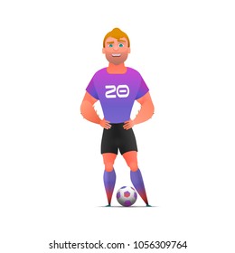 Soccer football player standing full length, isolated. Soccer player in uniforms standing with ball. Sport professional career. Cool vector