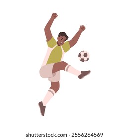 Soccer football player in uniform kick ball by leg. Soccer football player jump with ball, flat cartoon character. Vector sportsman with ball, male person playing game. Football sport running guy