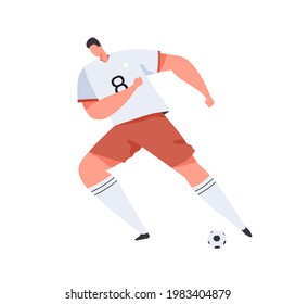 Soccer or football player in uniform kicking ball with his foot. Professional footballer in motion. Colored flat vector illustration of athlete in boots and stockings isolated on white background