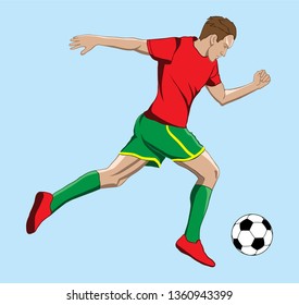 Soccer football player. Vector image of a running soccer player with a ball. EPS 10.