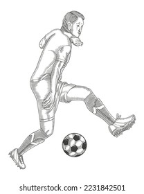 Soccer or football player, vintage Engraving drawing style vector Illustration