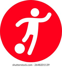 Jogador de futebol ou futebol vai chutar a bola. Ícone vermelho. Adequado para o símbolo de logotipo do torneio ou competição.
