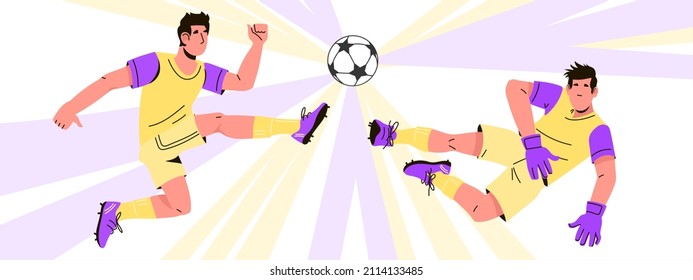 Soccer or football players with ball on decorative banner backdrop. Football championship and sport match banner or flyer layout, flat cartoon vector illustration isolated on white background.