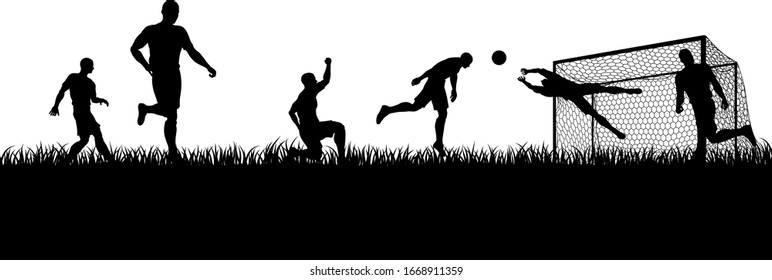 Soccer football players in silhouette playing a match game scene