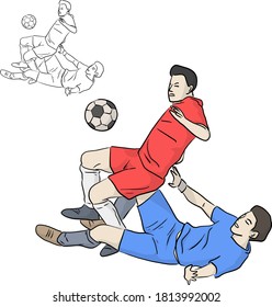 futbolistas de fútbol atacando por la bola ilustración del vector boceto mano del doodle dibujada con líneas negras aisladas en fondo blanco