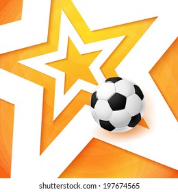 Soccer football poster. Bright orange background, white star and realistic soccer ball. Vector illustration. 