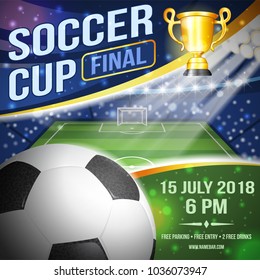 Soccer Football Poster Championship with Ball, Soccer field and Gold Cup. Vector illustration