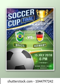 Soccer Football Poster Championship with Ball, Soccer field, Teams and Gold Cup. Sport announcement. Vector illustration