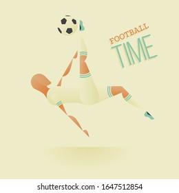 Soccer or Football poster in flat style. A soccer player hits the ball through himself. Football kick. Vector illustration