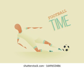 Soccer / Football poster in flat style. A soccer player hits the ball in the tackle. Football kick - defender action. Vector illustration