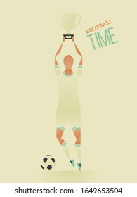 Soccer / Football poster in flat style. A soccer player celebrates victory with a cup in his hands. Football action - to celebrate. Vector illustration
