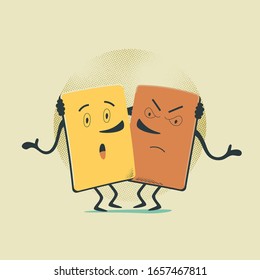 Soccer / Football poster in flat style. Yellow and red card stand in an embrace. Cartoon stylized character in football theme. Football vector illustration.