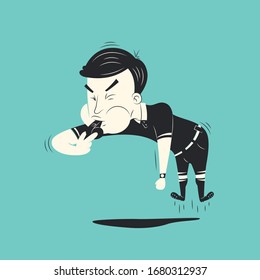 Soccer / Football poster in flat style. A Soccer referee blowing a whistle. Football action - foul, penalty or free kick. Football banner. Retro color illustration in flat style. Vector illustration