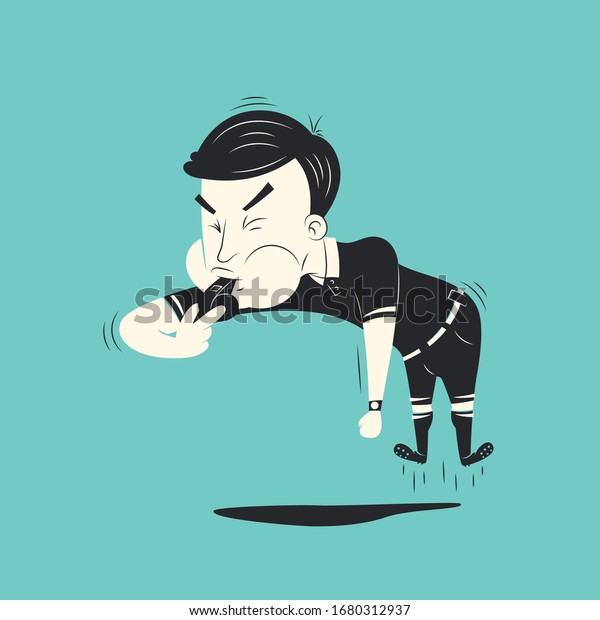 Soccer / Football poster in flat style. A\
Soccer referee blowing a whistle. Football action - foul, penalty\
or free kick. Football banner. Retro color illustration in flat\
style. Vector\
illustration