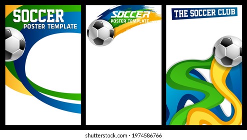 Soccer, football posters with realistic 3d ball and colorful cartoon and grunge trails of yellow, green and blue colors on white background. Club championship or tournament game vector invite cards