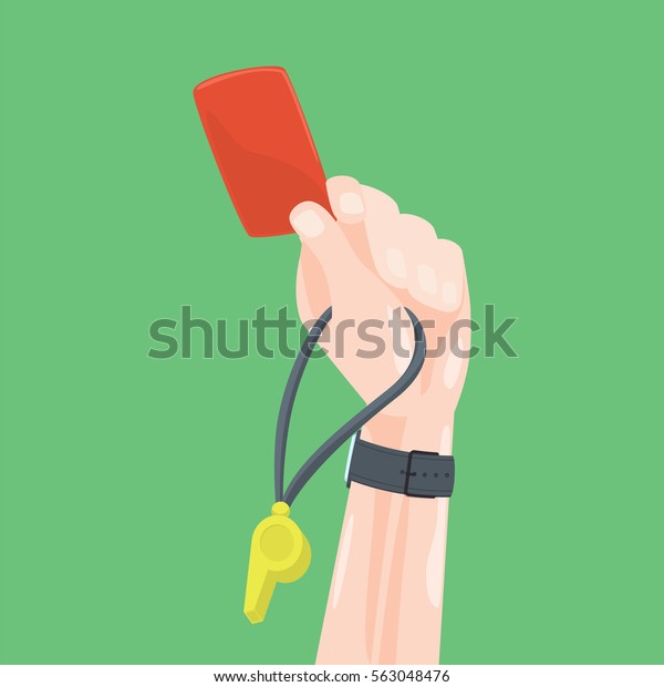 Soccer / Football Referee Hand With\
Red Card And Whistle. Cartoon Style Vector\
Illustration.