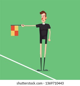 Soccer / Football referee linesman showing offside. Checkbox in hand. Cartoon style vector illustration.