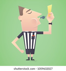 Soccer / Football Referee Show Yellow Card And Blows Into Whistle. Cartoon Style Sport Vector Illustration.