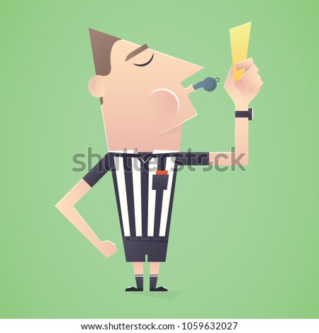 Soccer / Football Referee Show Yellow Card And Blows Into Whistle. Cartoon Style Sport Vector Illustration.