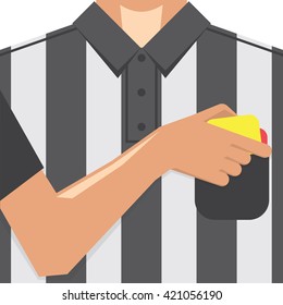 Soccer / Football Referee Showing Yellow Card From Pocket On T-shirt. Conceptual Vector Illustration.