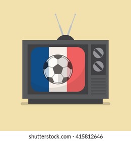 Soccer football retro television with france flag. Flat style design