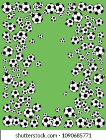 Soccer, football scattered balls blank frame. Background vector illustration over green grass field. Sport game equipment wallpaper. Vertical format.