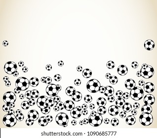 Soccer, football scattered balls blank frame. Background vector illustration isolated over white. Sport game equipment wallpaper. Horizontal format.