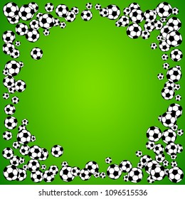 Soccer, football scattered balls blank frame. Background vector illustration over bright green grass field. Sport game equipment wallpaper. Square format.