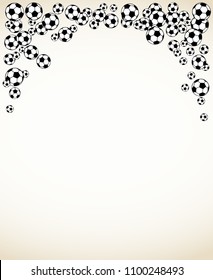 Soccer, football scattered balls blank frame. Background vector illustration isolated over white. Sport game equipment wallpaper. Vertical format.