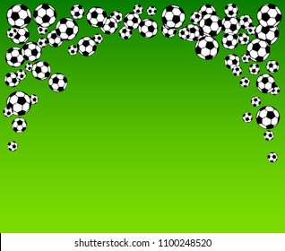 Soccer, football scattered balls blank frame. Background vector illustration over bright green grass field. Sport game equipment wallpaper. Horizontal format.
